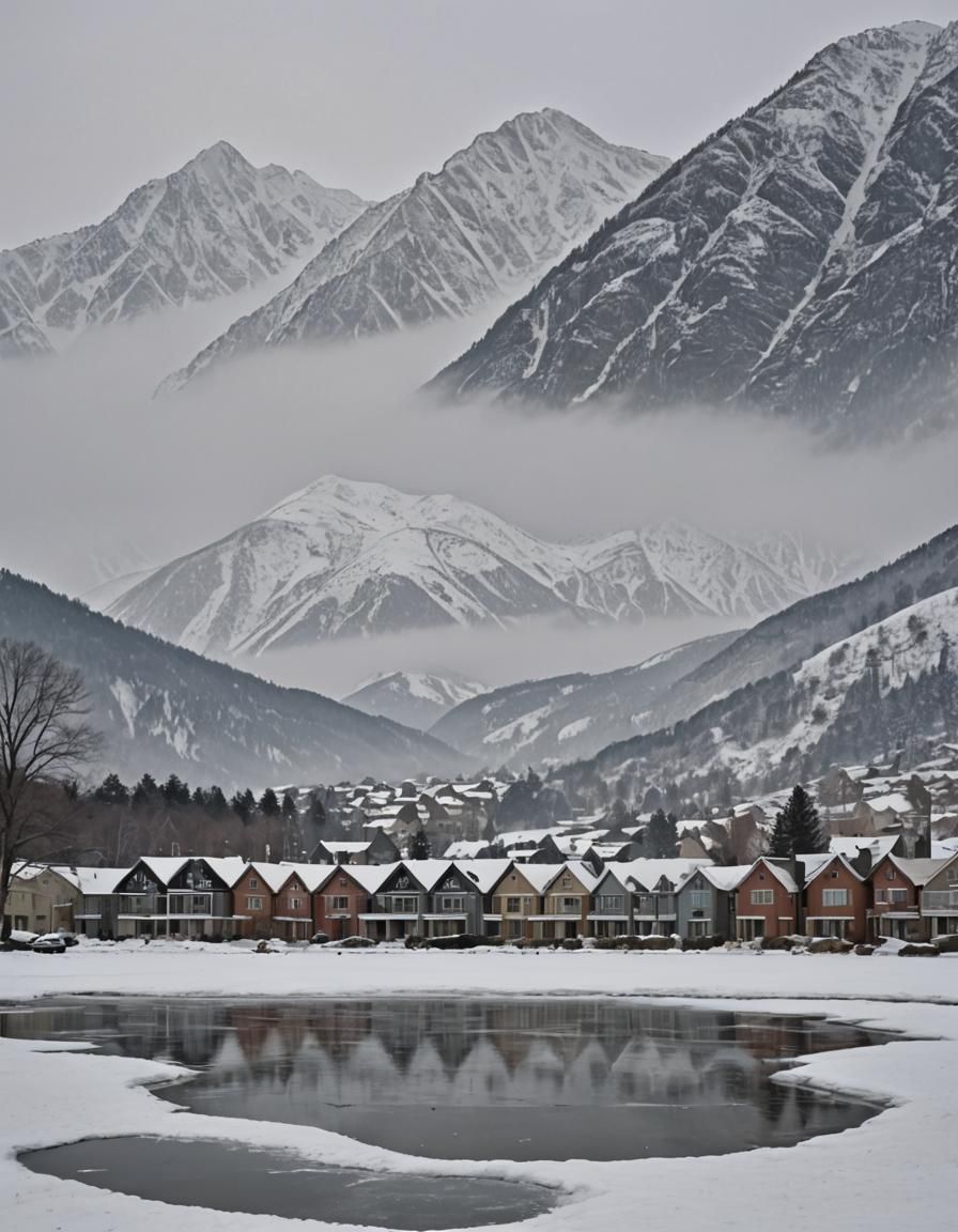 Winter Townhouses Reflected in Frozen Pond