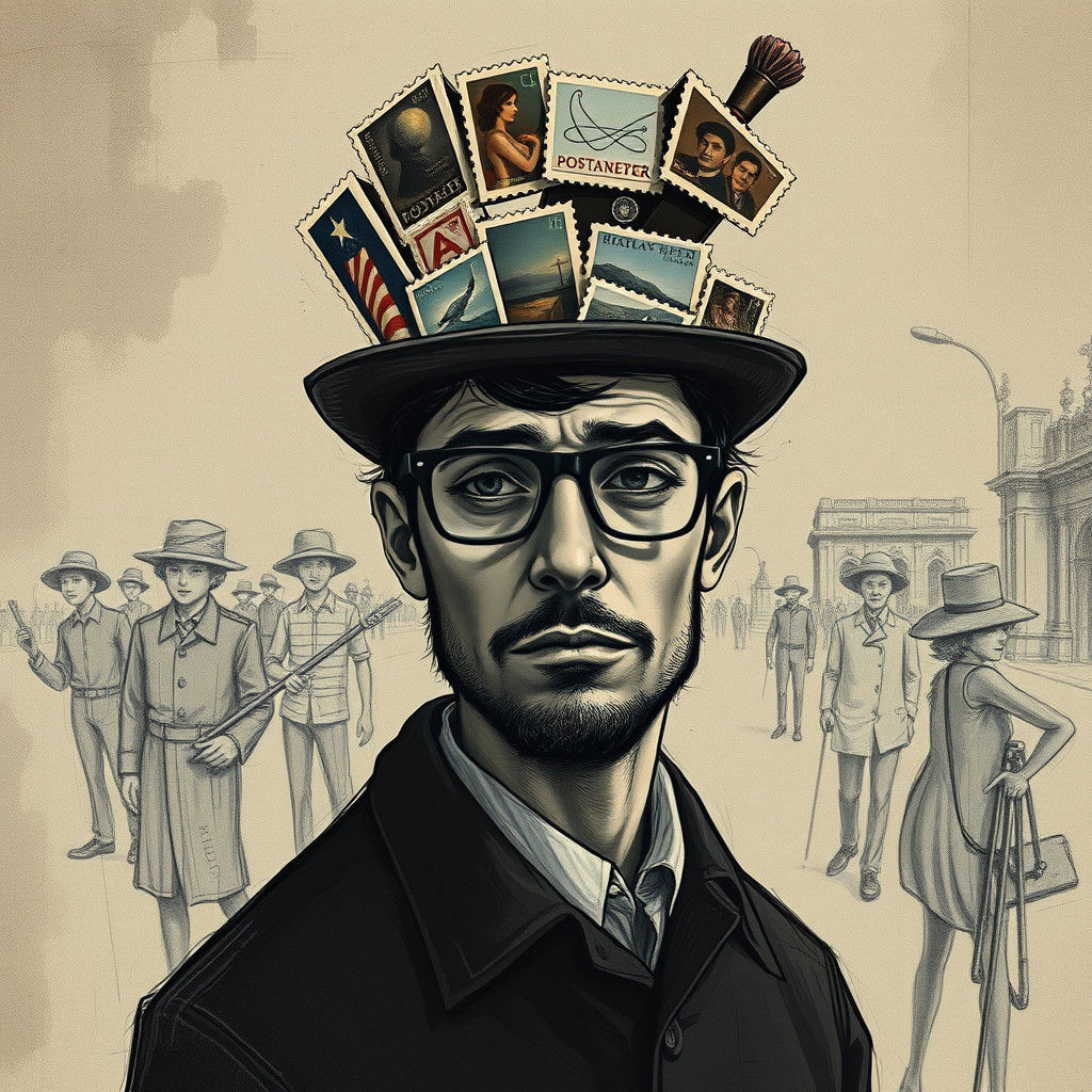 Melancholic Man in Stamp Hat, Wes Anderson Style