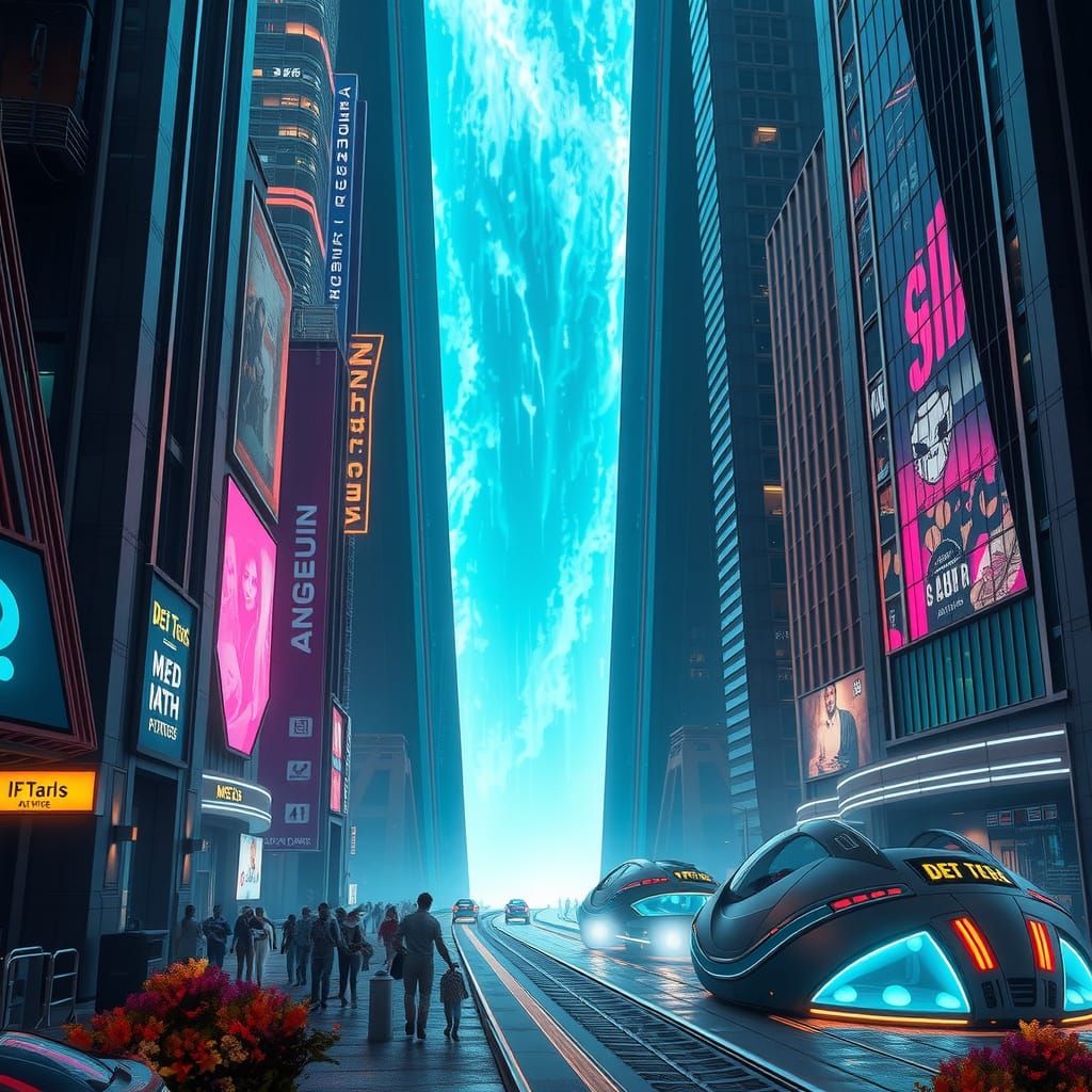 Futuristic Metropolis: Bioluminescent Waterfall Oasis