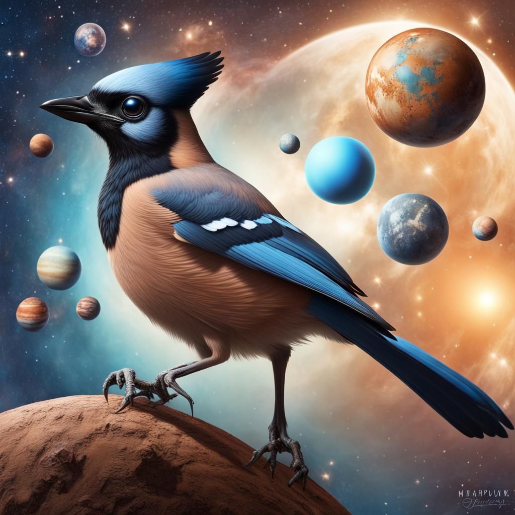 Steampunk Jay Soaring Through Exoplanets