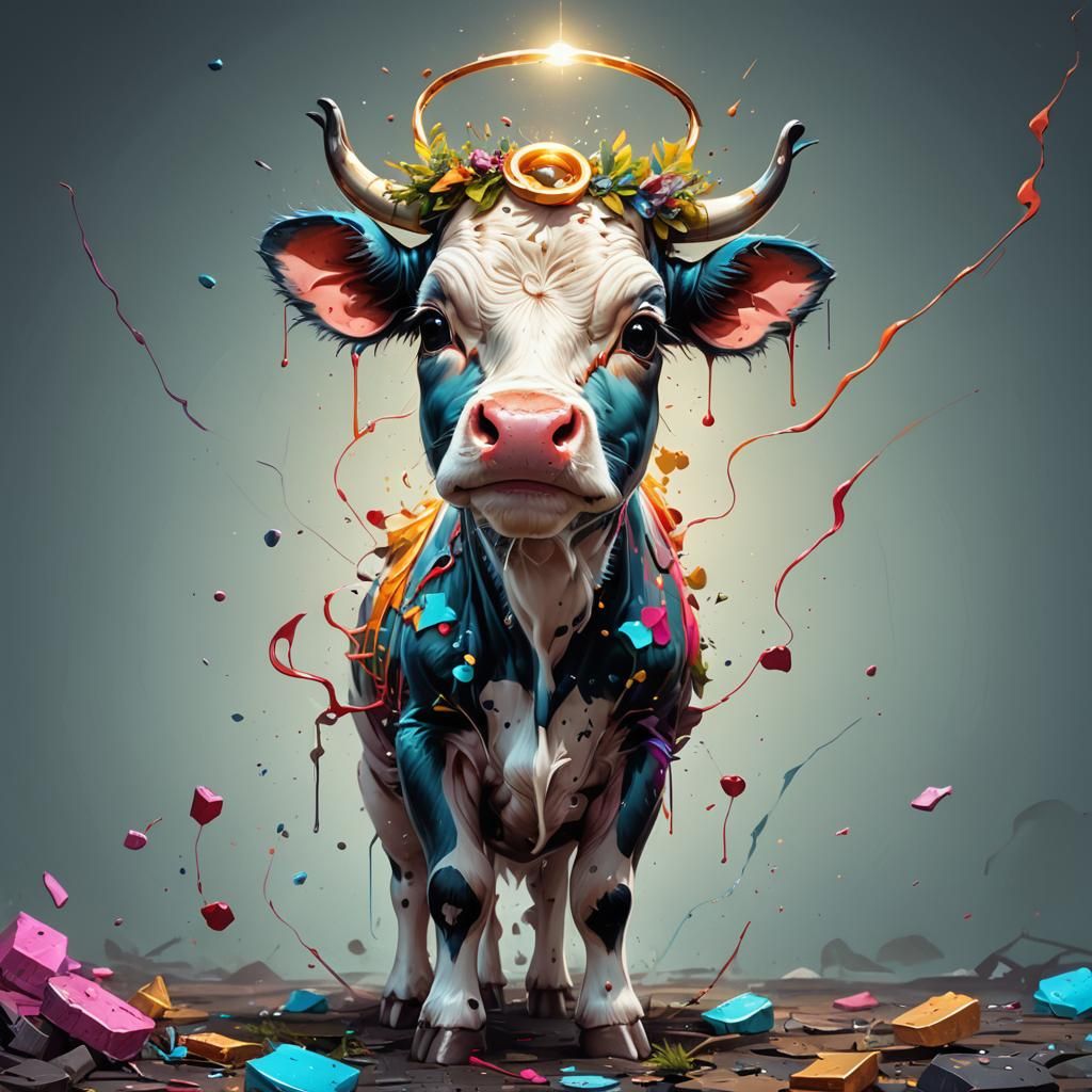 Adorable Baby Cow with Halo in Graffiti Art Style