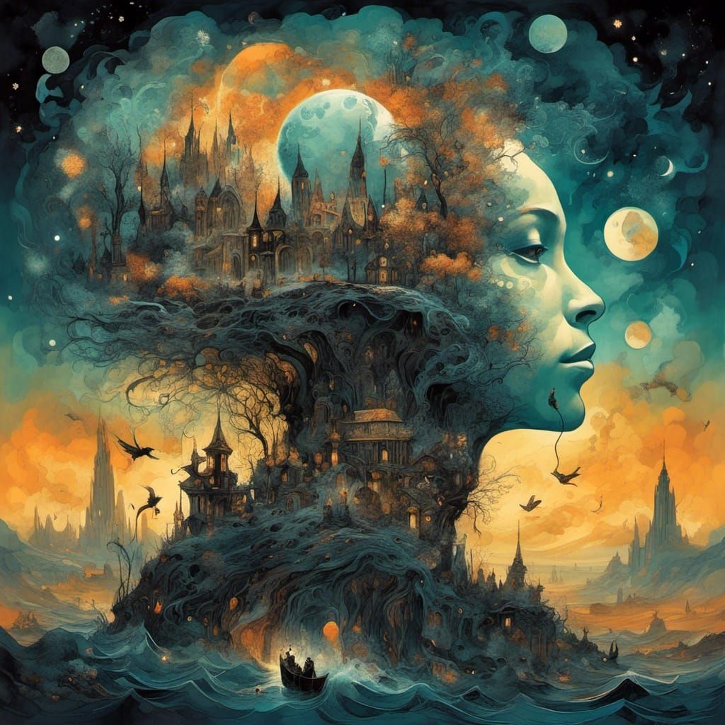 Surreal Starry Night Silhouette Collage Art