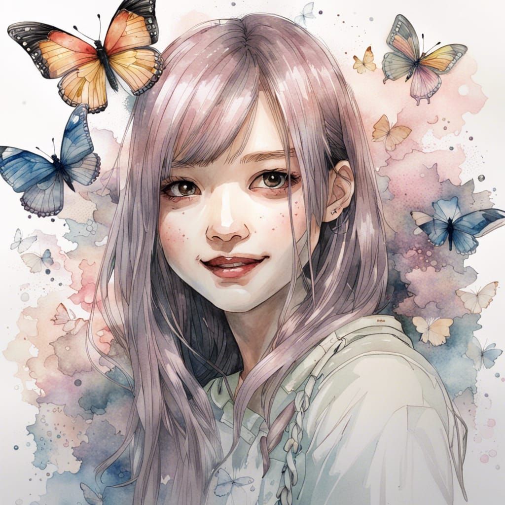 Watercolor Manhwa Portrait of a Beautiful Girl