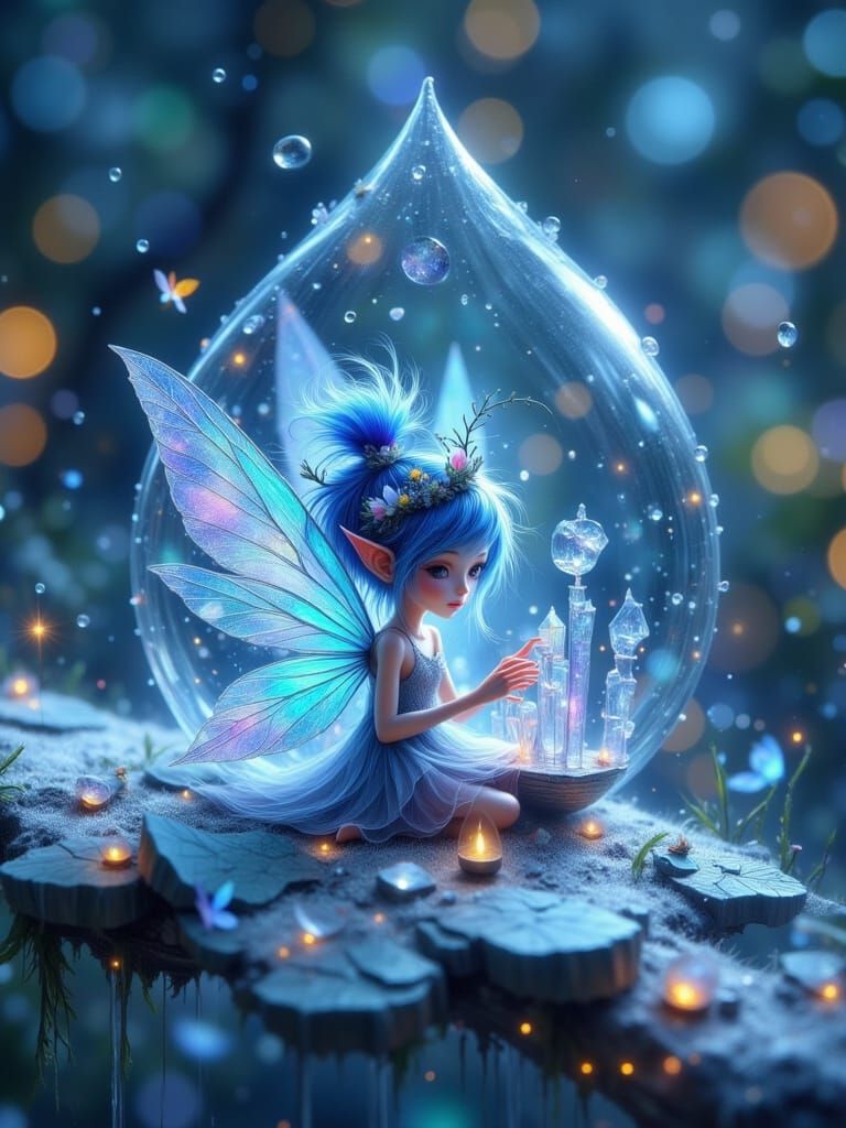 Winter Fairy Creates Crystalline World Inside Dewdrop