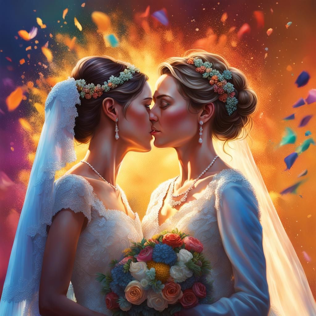 Hyperrealistic Lesbian Wedding: Colorful Splash Art