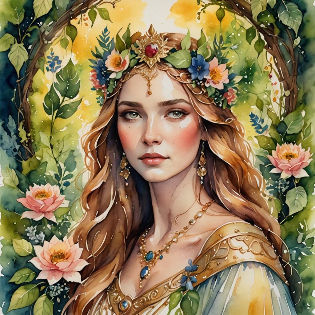 Goddess Rhiannon Portrait in Watercolor Style