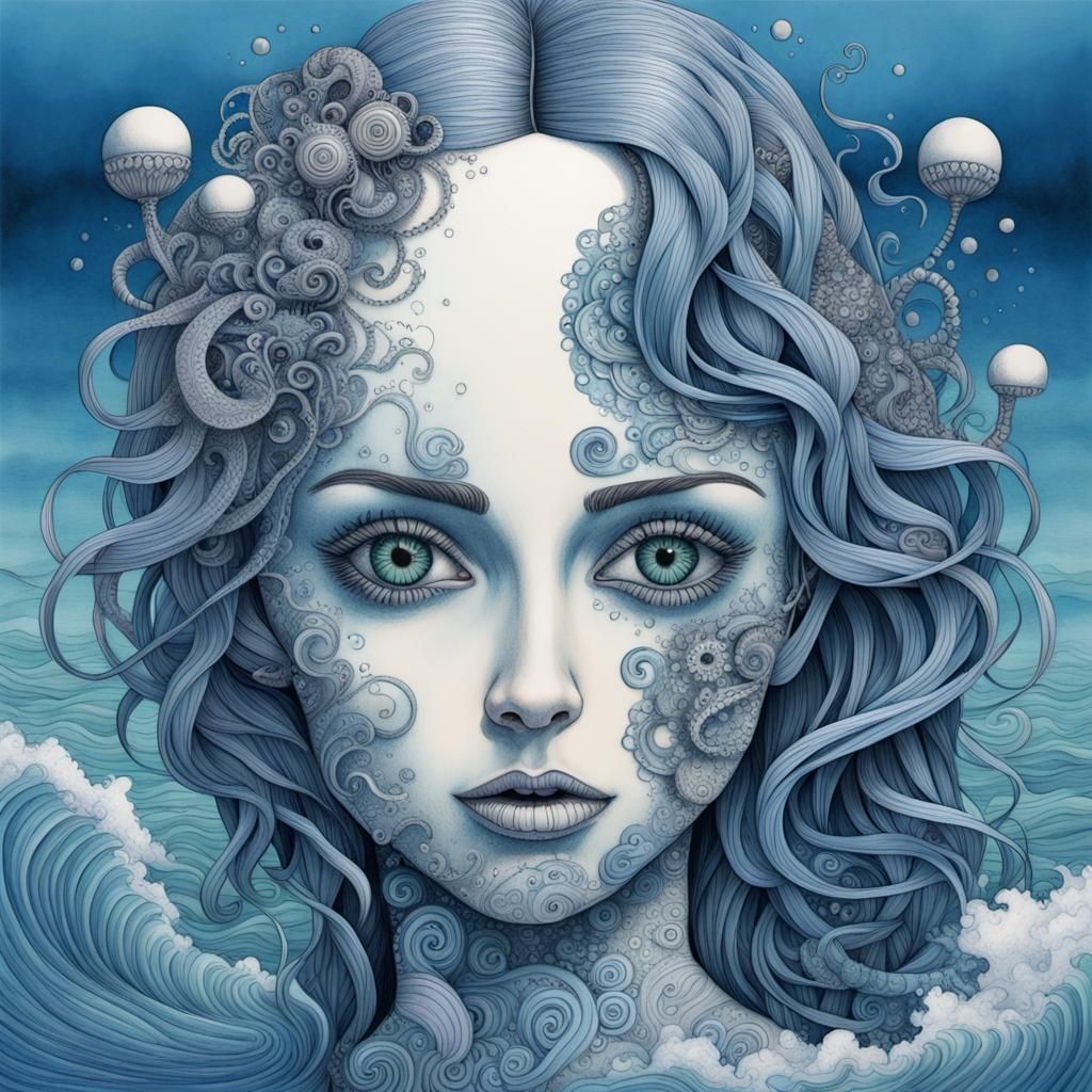 Surreal Zentangle Woman Emerging from Blue Ocean