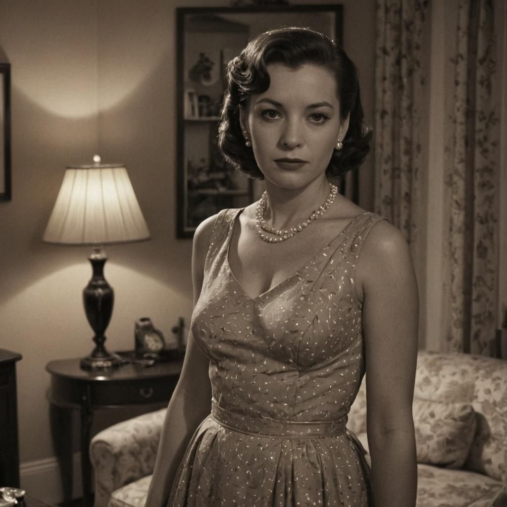 Film Noir Housewife in Retro 1950s Living Room