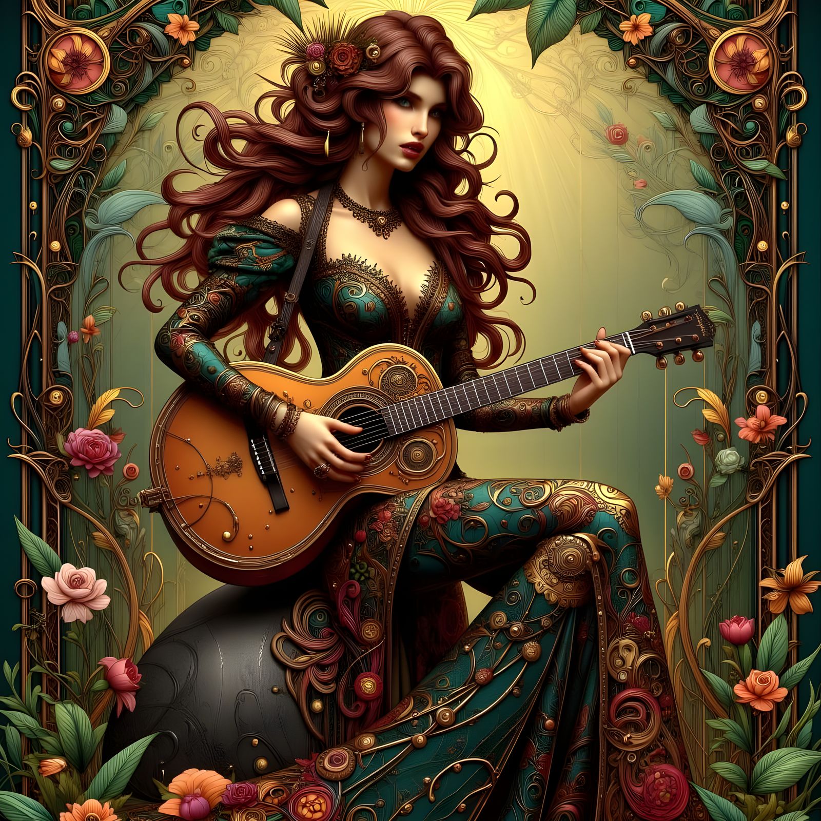 Art Nouveau Punk Woman Plays Guitar in Enchanted Forest