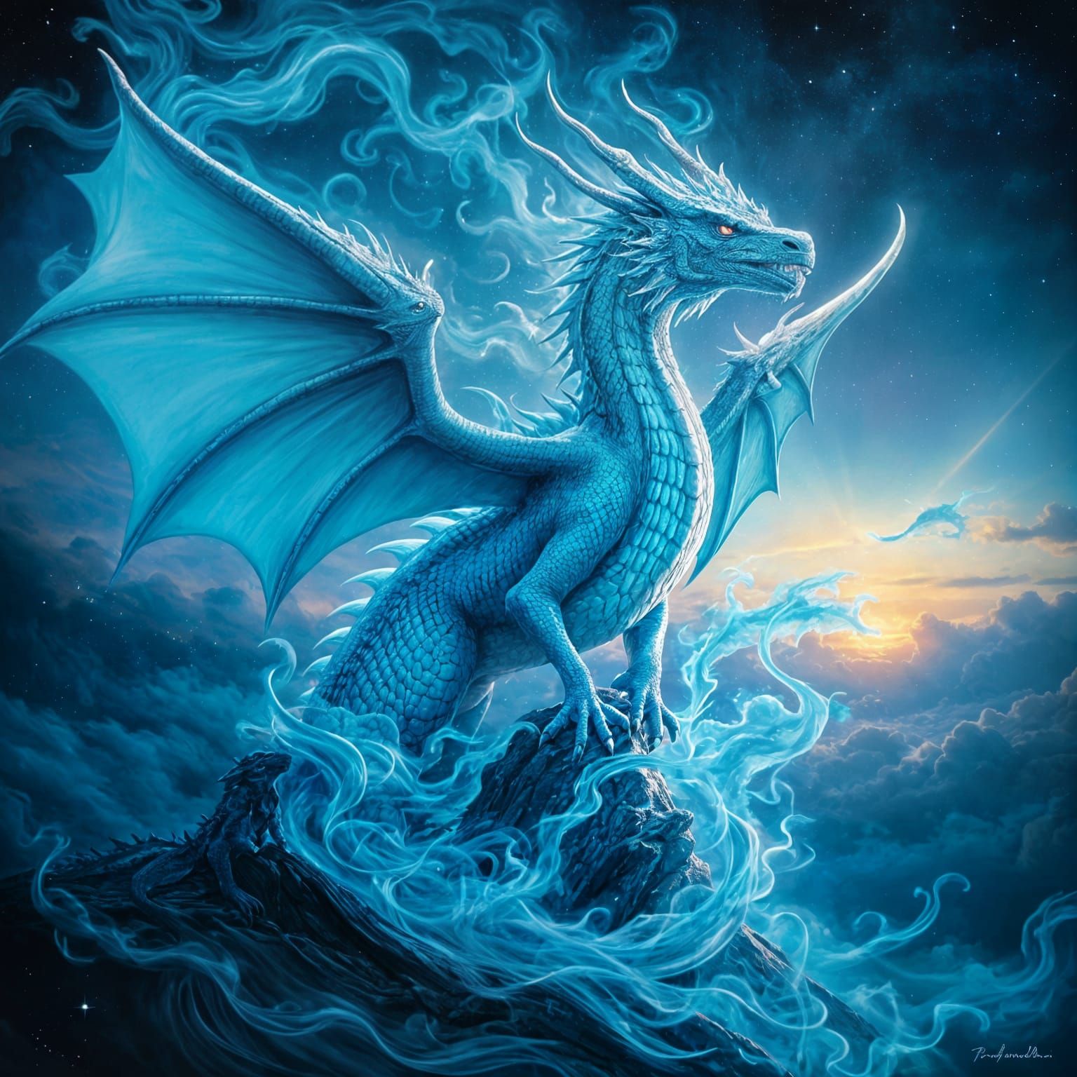 Ethereal Blue Dragon Rises from Nightly Flames in Fantasy Ar...