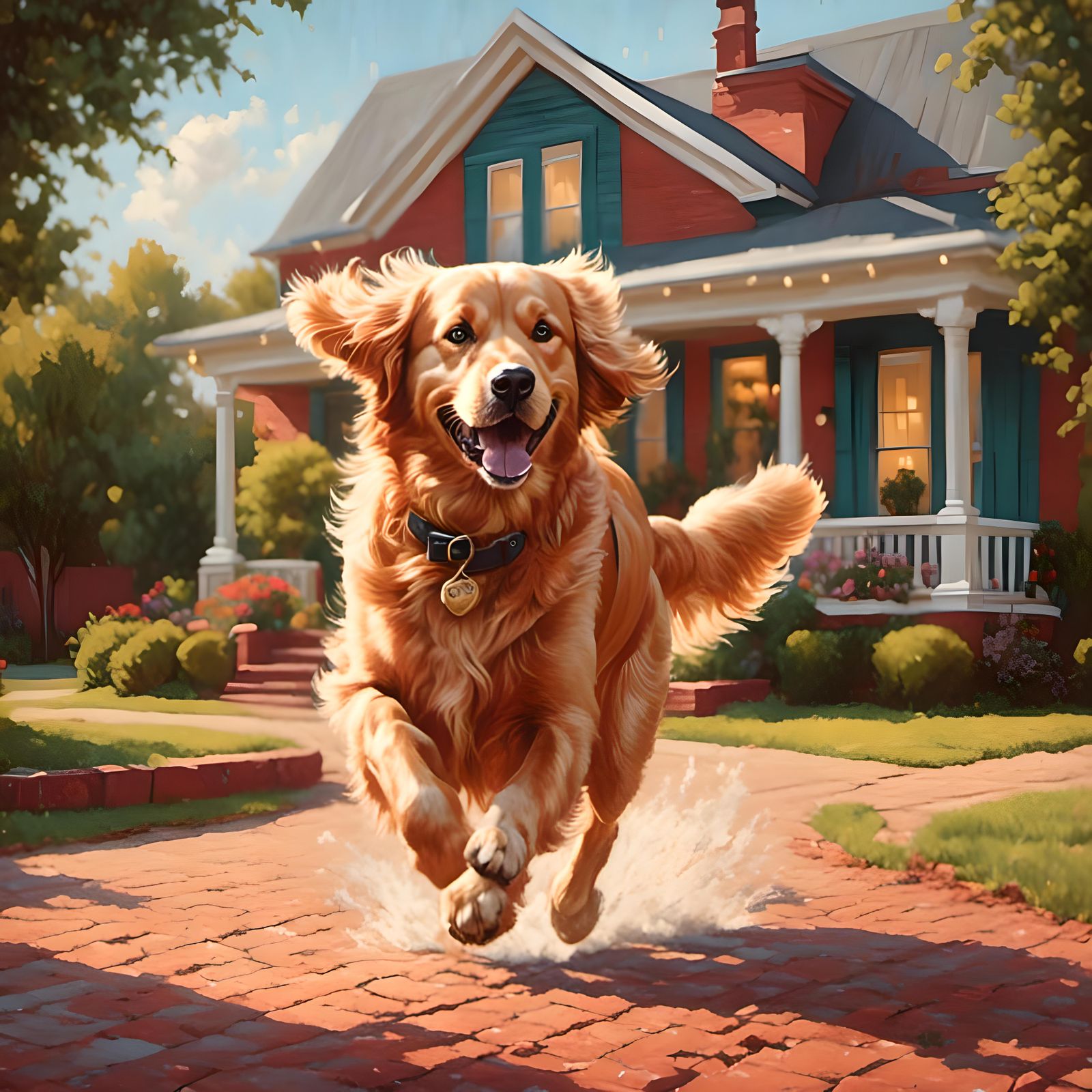 Classic American Bungalow with Golden Retriever