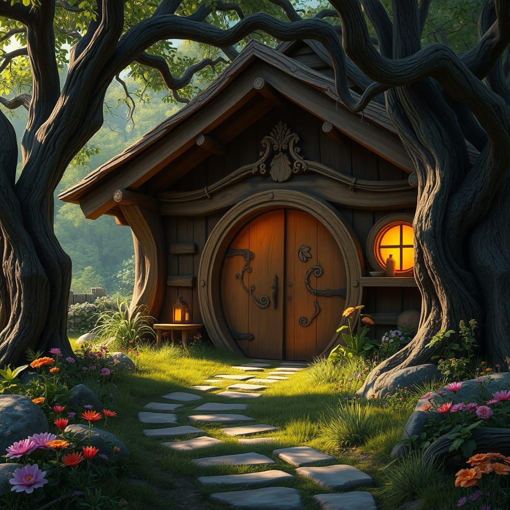 Whimsical Hobbit Cottage with Timber Frame and Wildflowers
