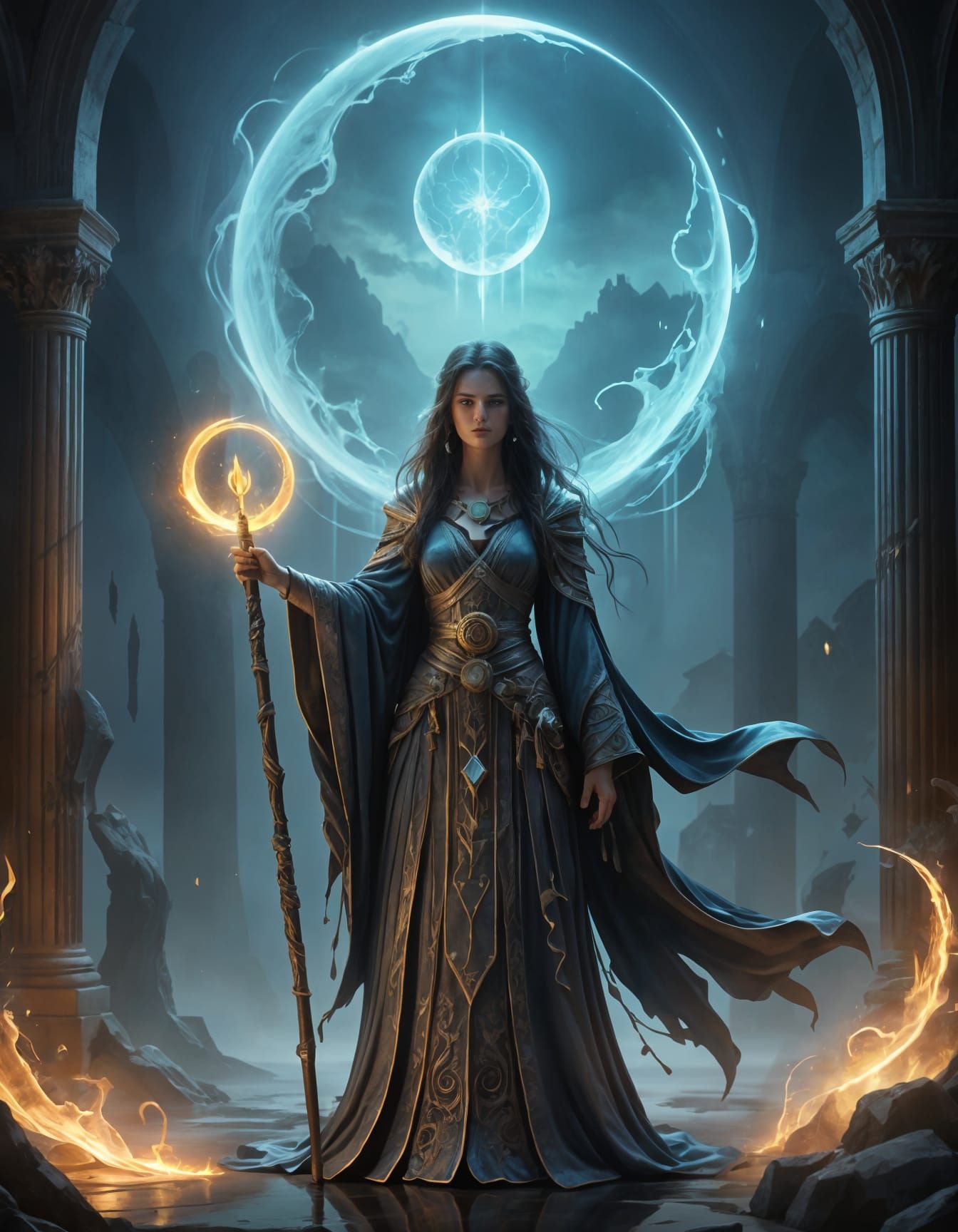 Fantasy Priestess Weaving Magic in Twilight Arena