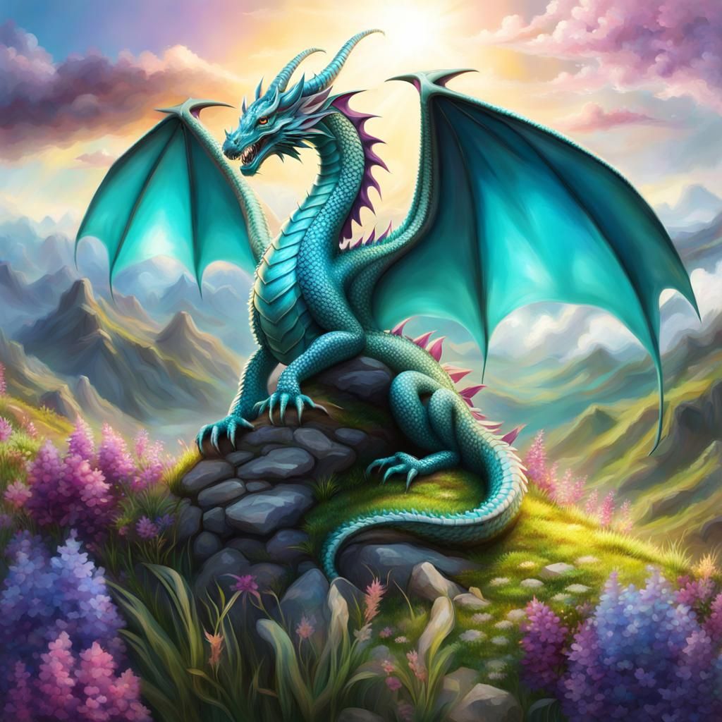 Teal and Purple Dragon on a Plateau