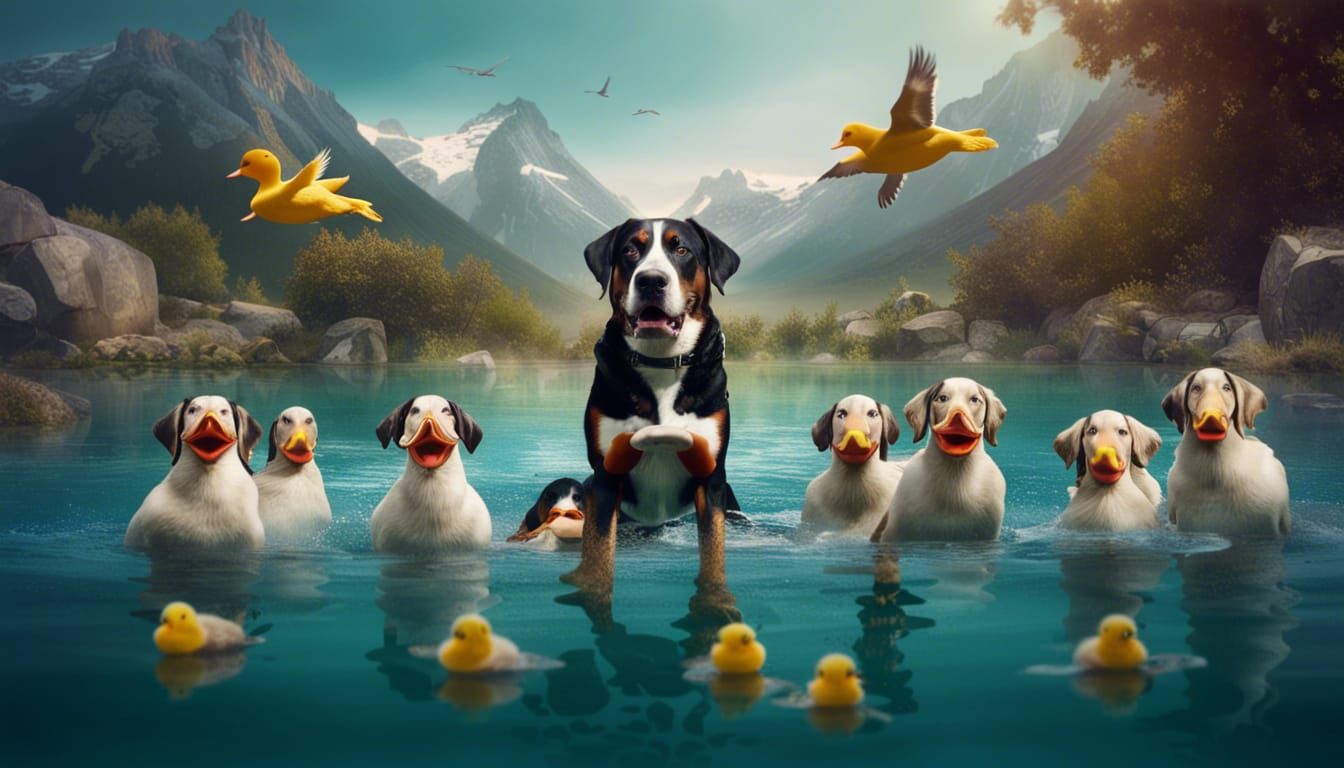 Synchronized Swimming Swiss Mountain Dog and Ducks