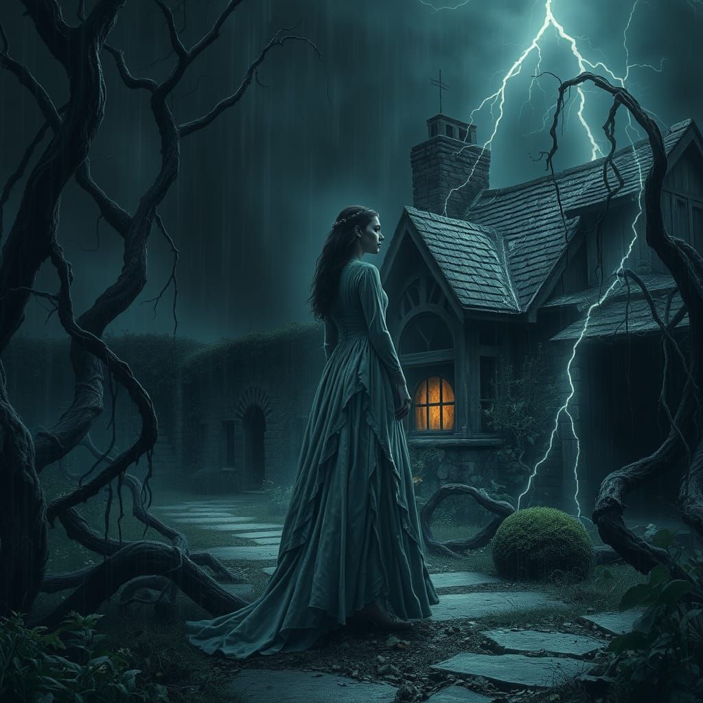 Mystical Woman in Stormy Garden, Dreamlike Illustration