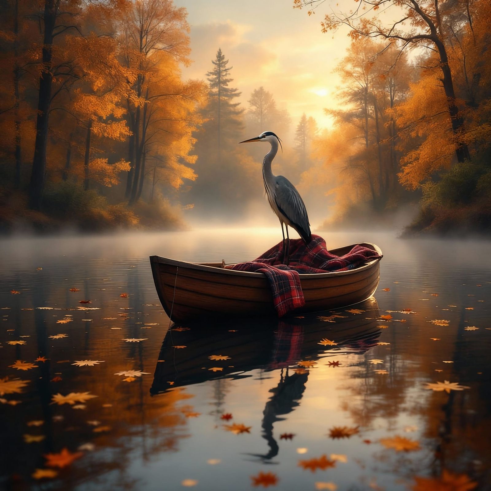 Tranquil Autumn Rowboat on Glassy Lake