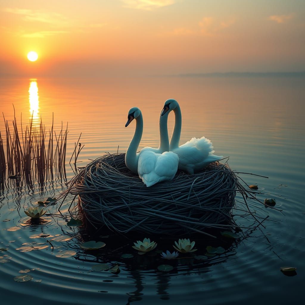 Serene Lake at Dusk with Majestic Swan Nest