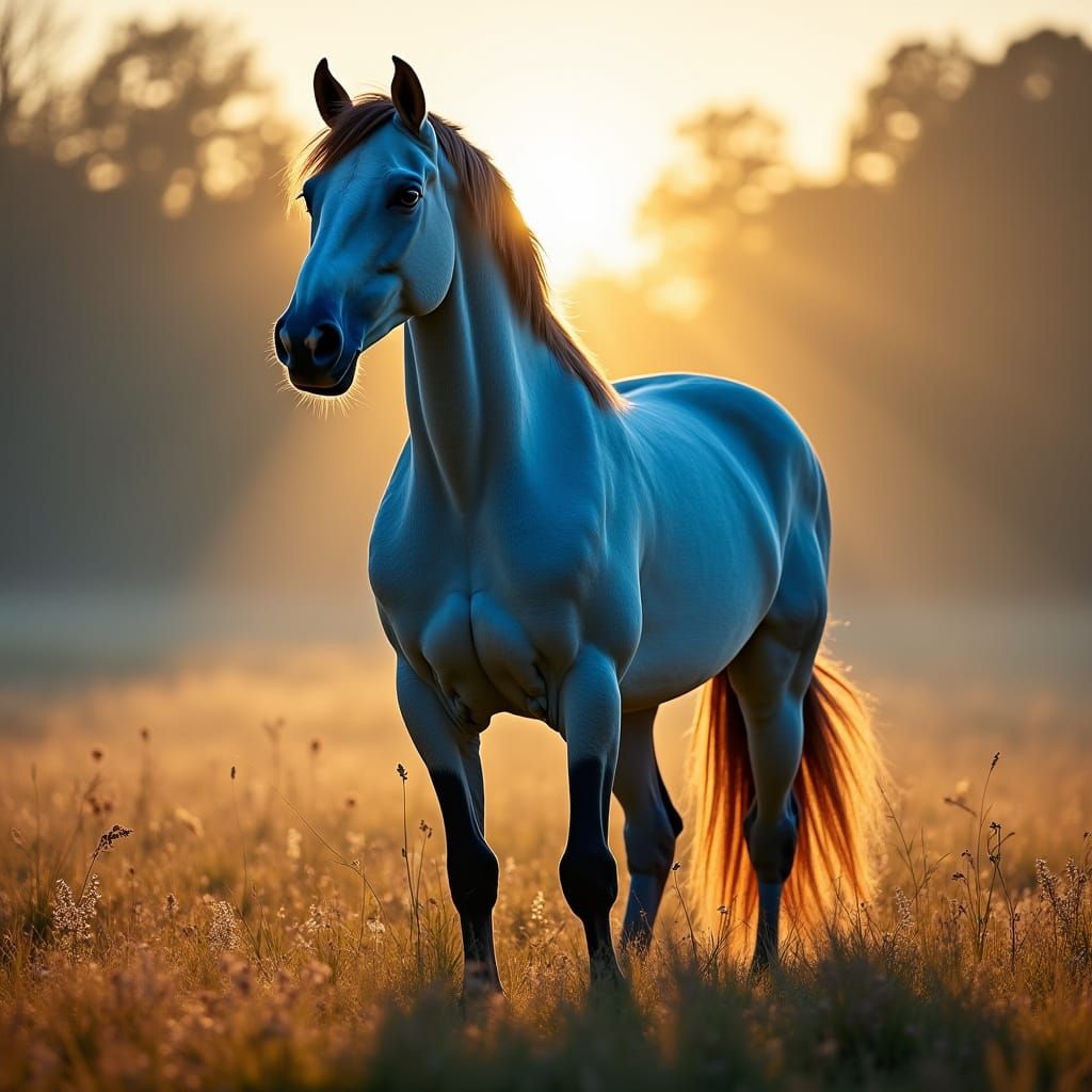 Hyper-Realistic Horse in Luminous Blue Coat, Expressionist S...