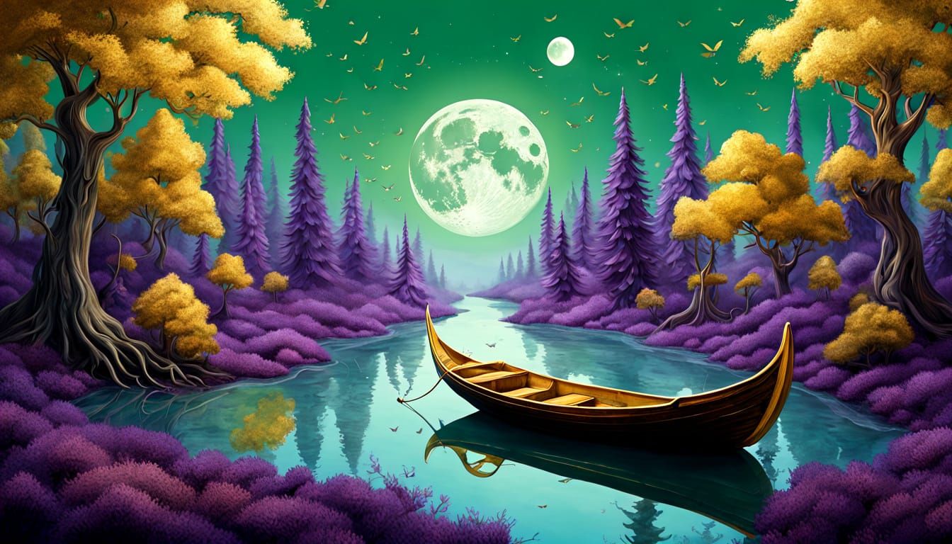 Gold Leaf Painting of a Boat on a Mirror Lake