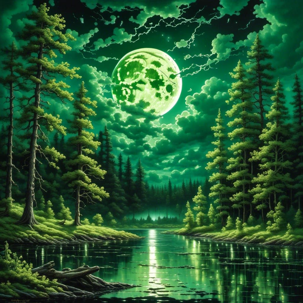 Green Moonstorm Over Forest Lake Landscape