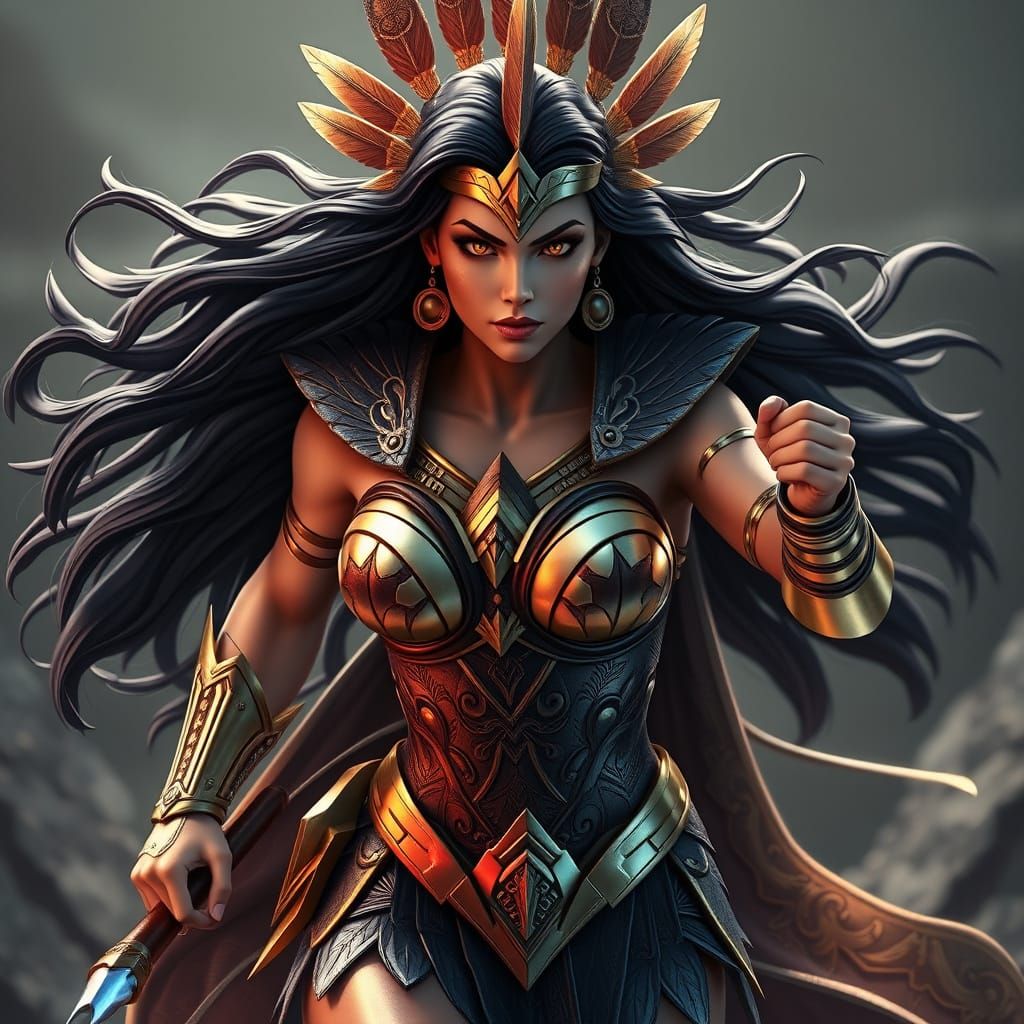 Aztec Goddess Wonder Woman in Cyberpunk Anime Style