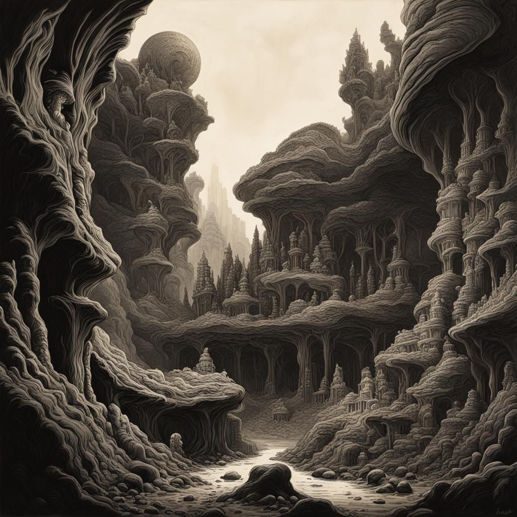 Exhausted Character in Prehistoric Landscape: Ink Painting