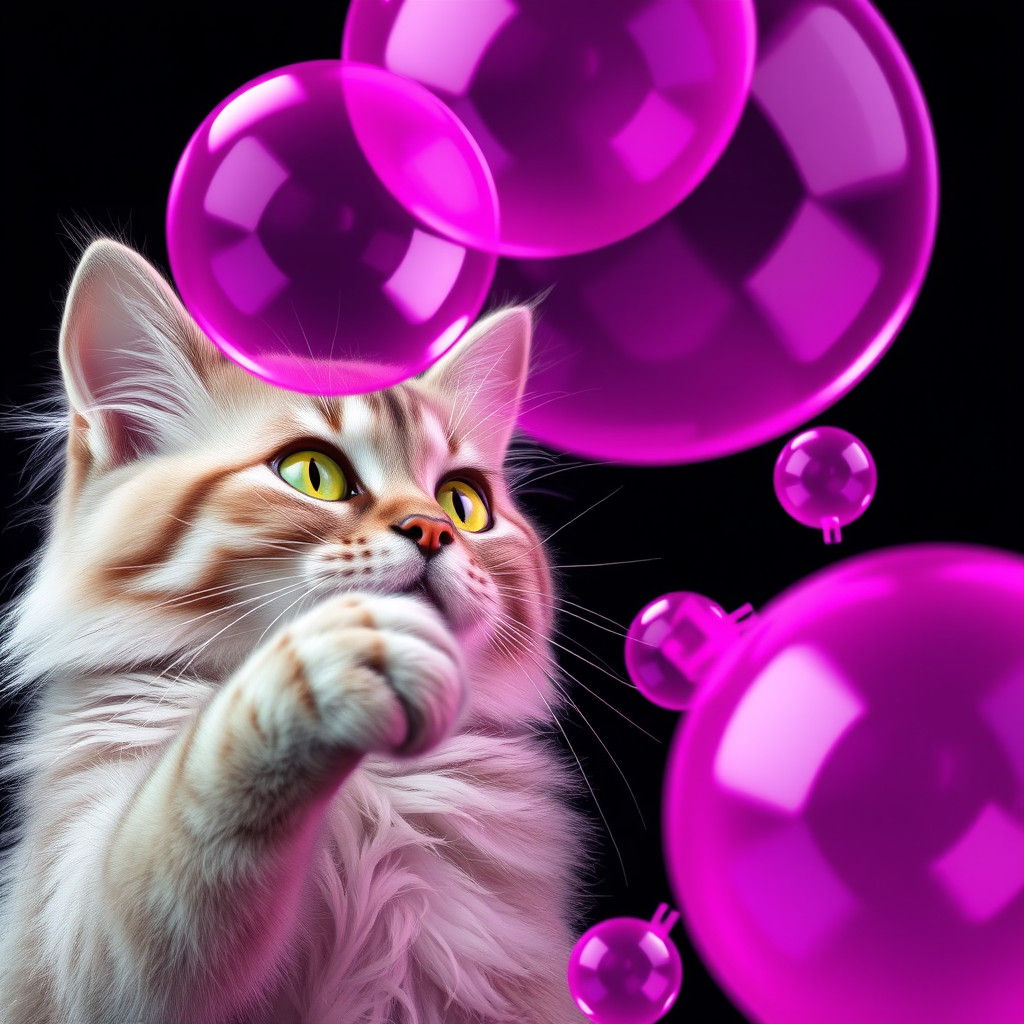 Cat Batting Bubblegum Bubbles: Matte Painting Style