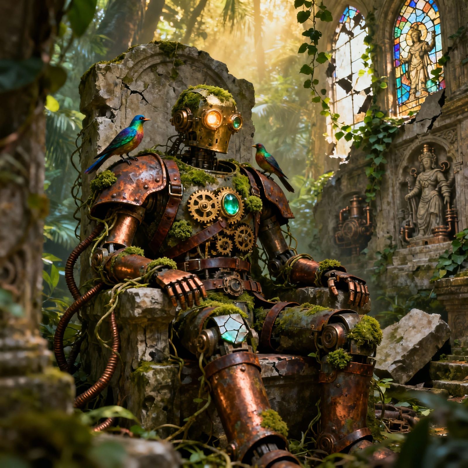Ancient Automaton on Throne in Jungle Temple
