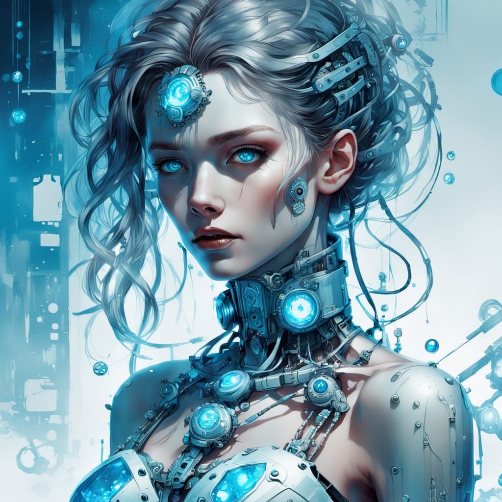 Bioluminescent Cyborg Woman in a Dark Laboratory