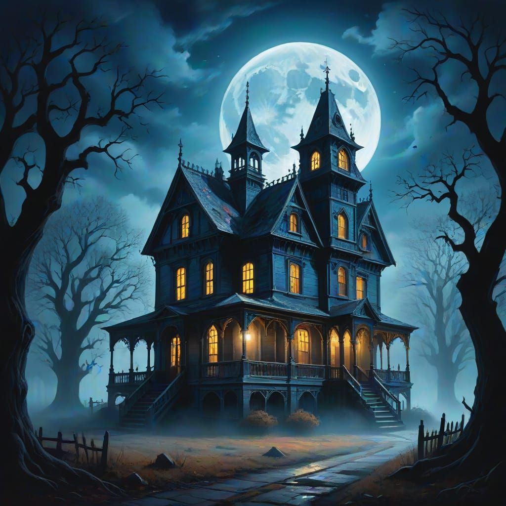 Spooky Gothic House at Midnight: An Oil Painting