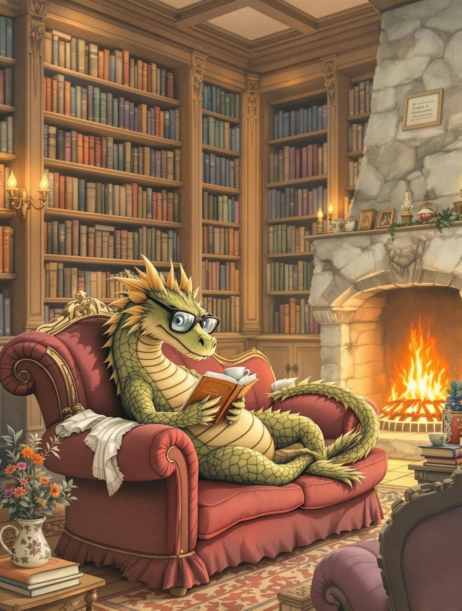 Dragon Sipping Tea in Cozy Library, Storybook Style