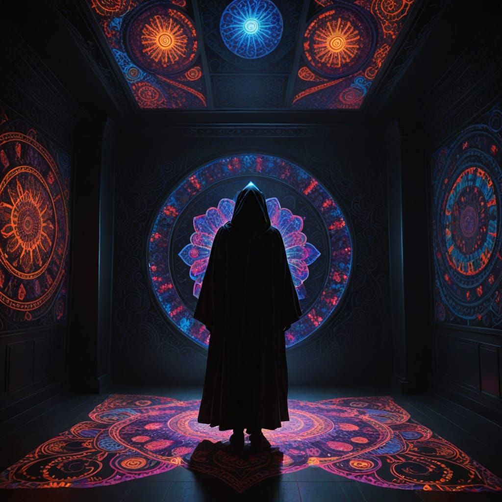 Ethereal Figure in a Cosmic Mandalic Realm