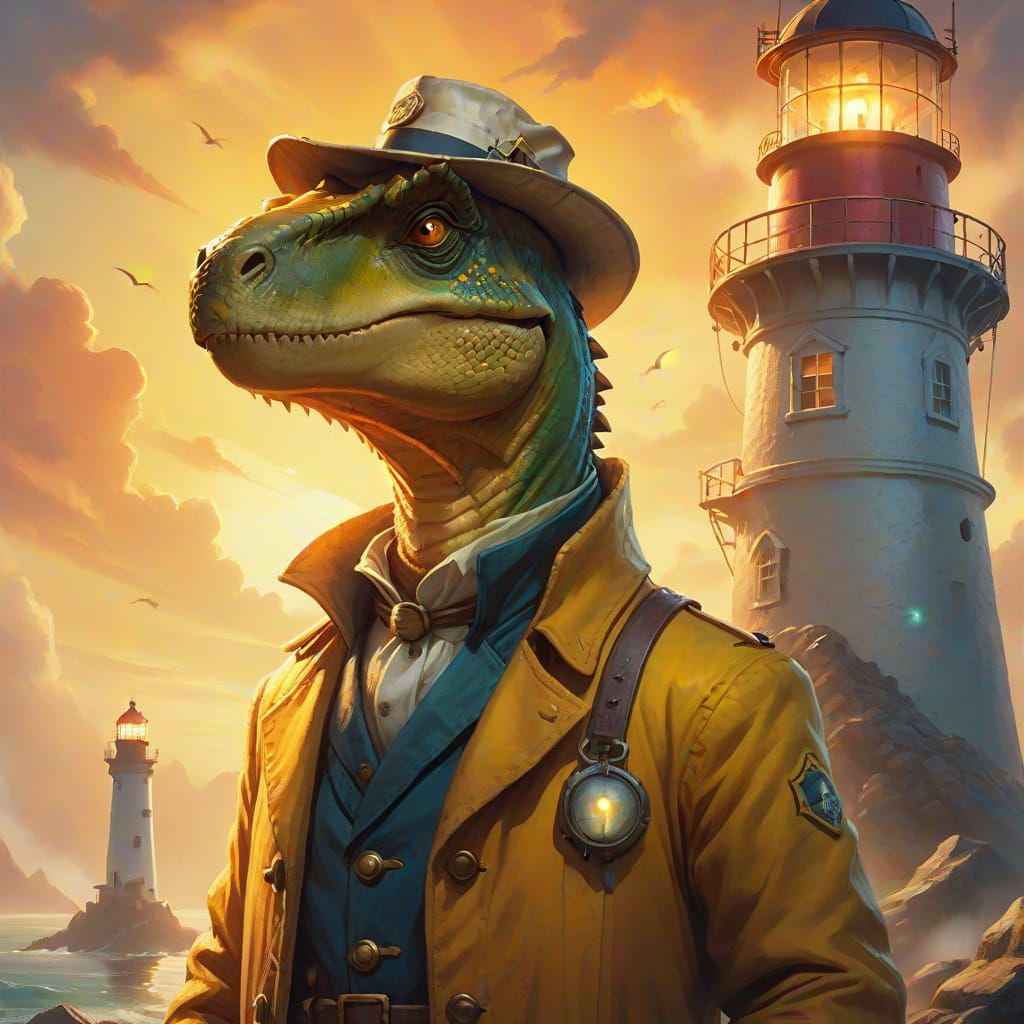 Dinosaur Lighthouse Keeper in Vibrant Oil Painting