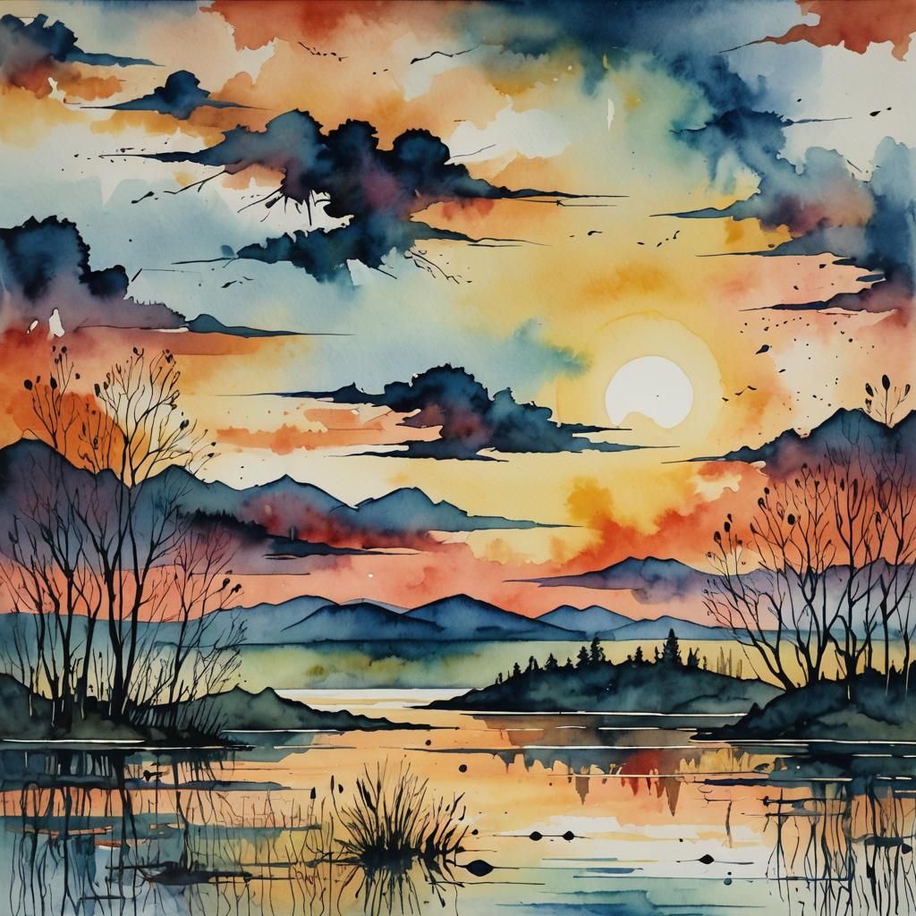 Watercolor Sunset Over Lake with Whimsical Designs