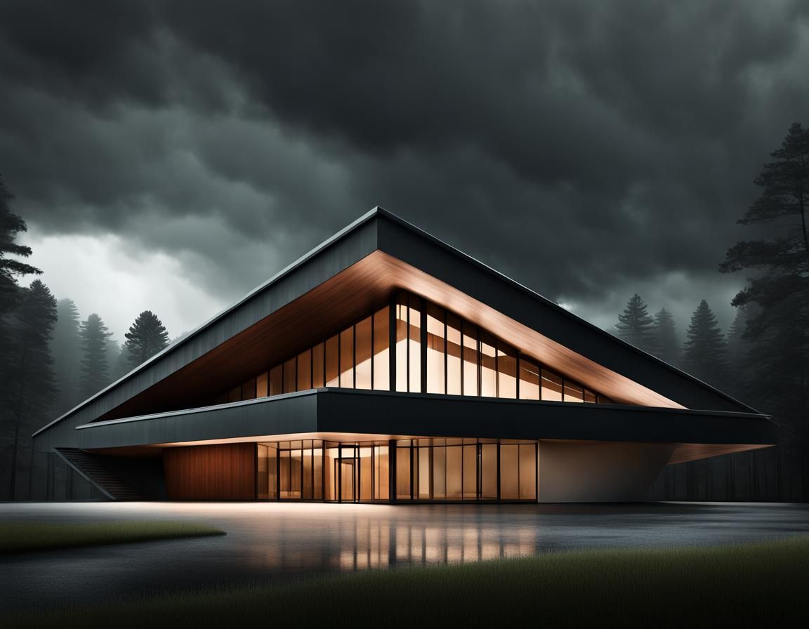 Mid-Century Modern Building in Overcast Forest