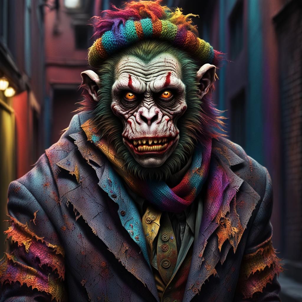 Grotesque Zombie Monkey Clown Portrait in Gothic Style