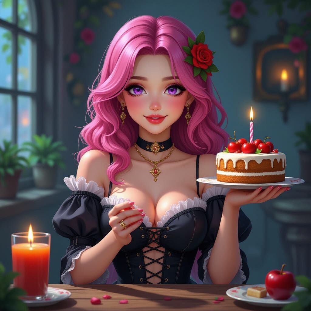 Gothic Birthday Party with Pink Haired Woman and Cake