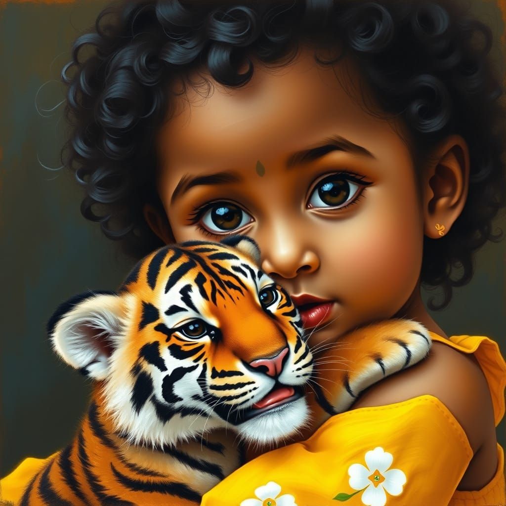 Little Girl Hugs a Tiger Cub in a Bright Indian Folk Art Por...