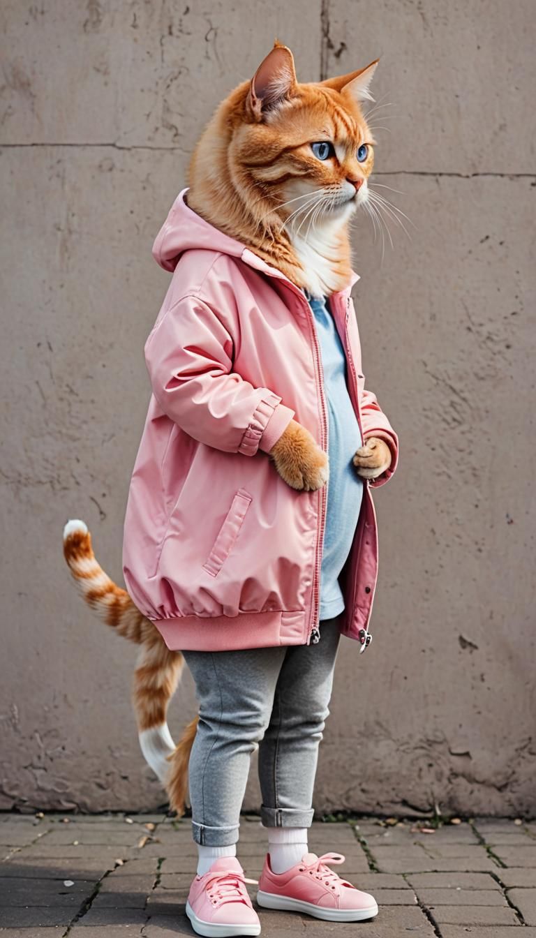 Sad Pregnant Tabby Cat in Pink Outfit