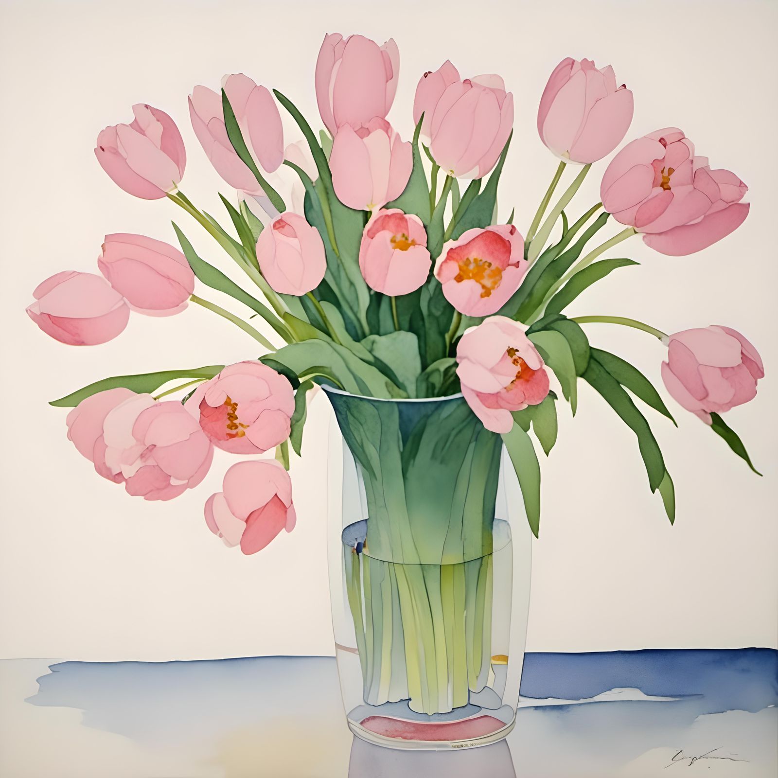 Watercolor Vase of Pink Tulips