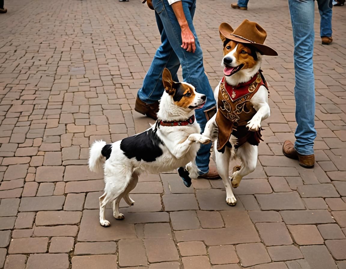 Happy Dog and Cowboy Dance in Town Square