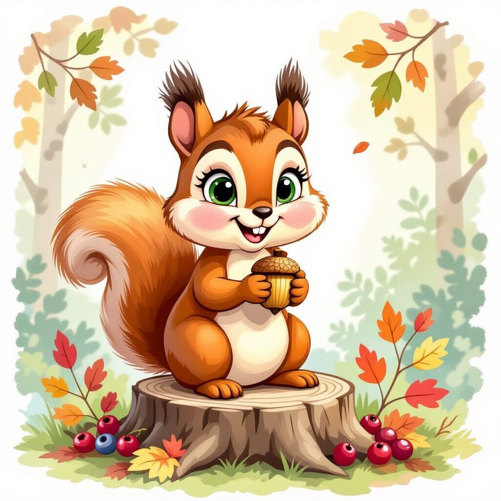 Cute Cartoon Squirrel with Acorn in Watercolor Style