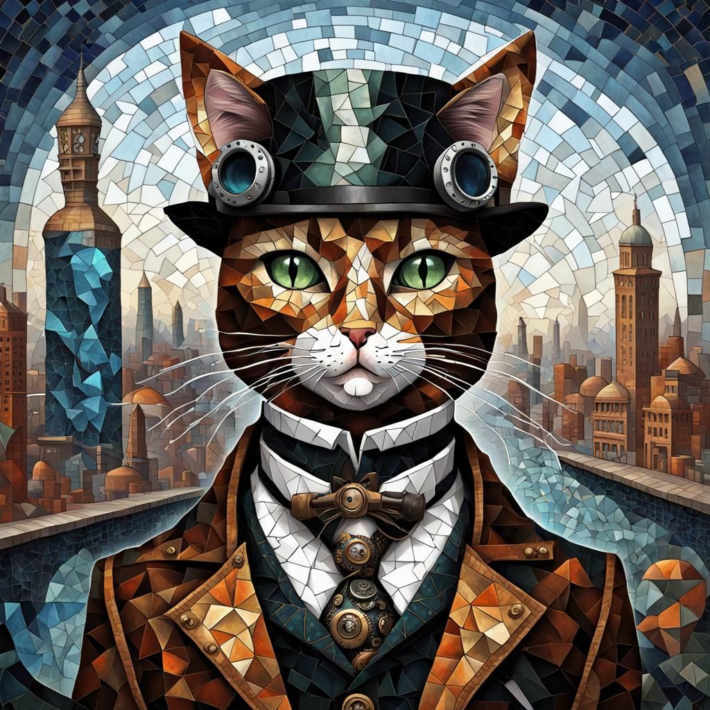 Steampunk Cat in Mosaic DreamShaper Style