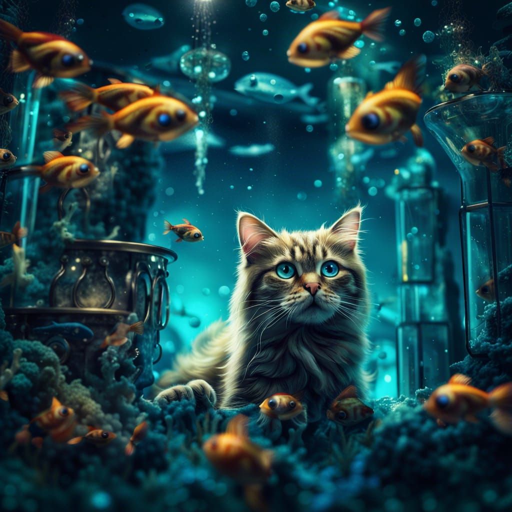 Cute Cat's Bioluminescent Dive: Digital Art