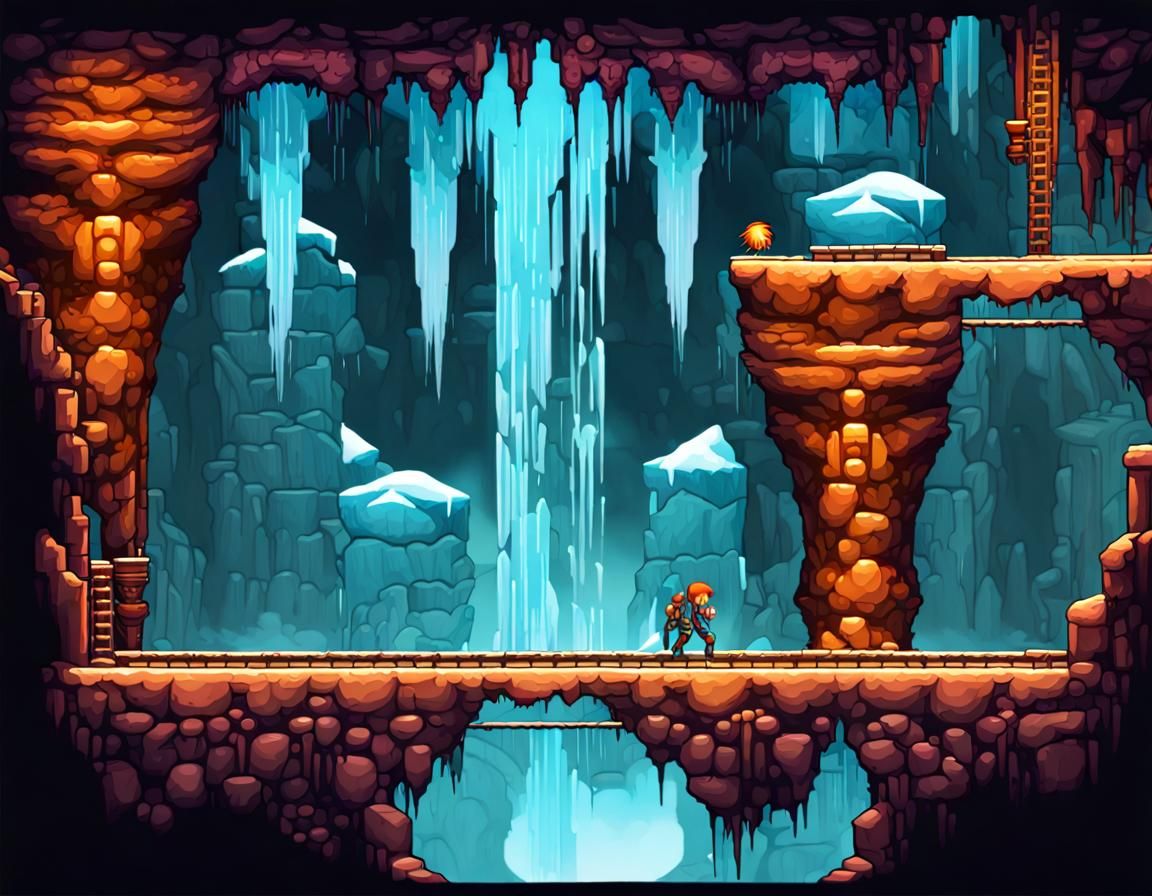 Icy Underground Cavern in 2D Scroller Style