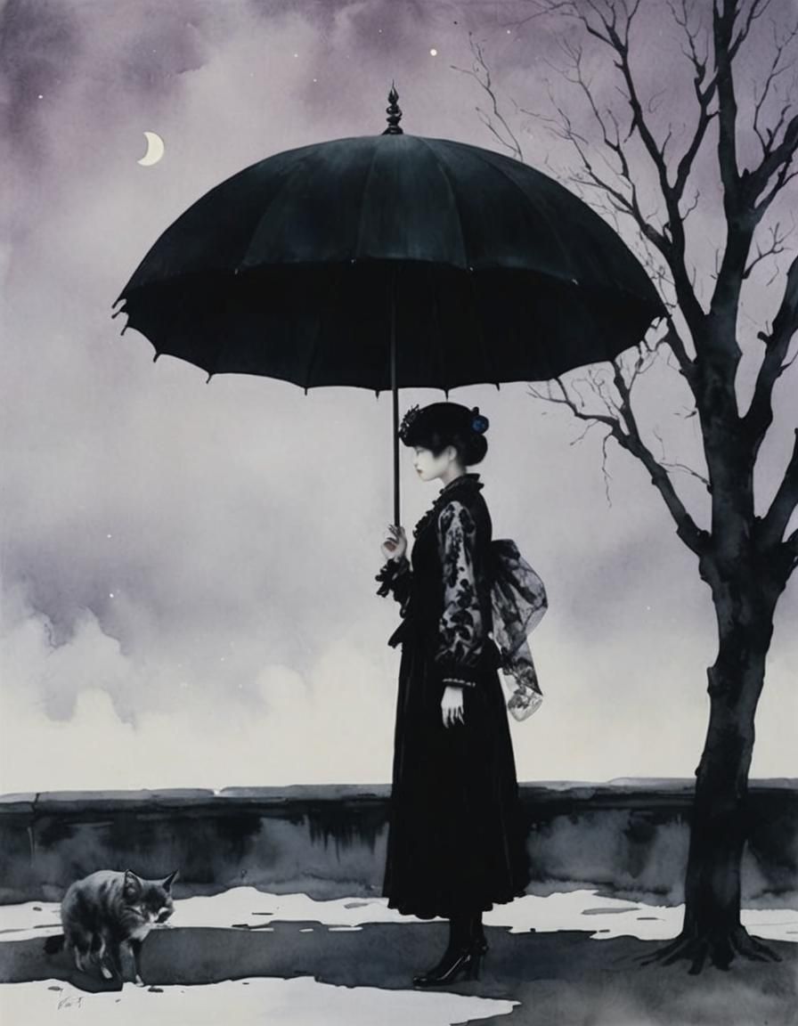 Baroque Moonlight Figure in Watercolor Style