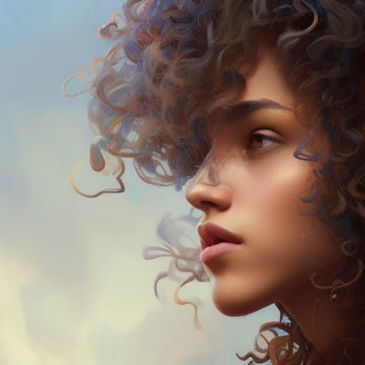 Detailed Portrait of Curly Haired Girl in Art Nouveau Style