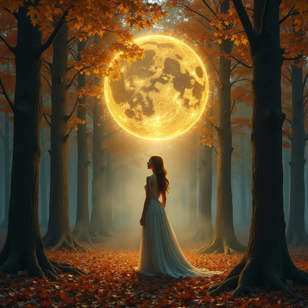 Woman in Autumn Forest Under Virgo, Art Style