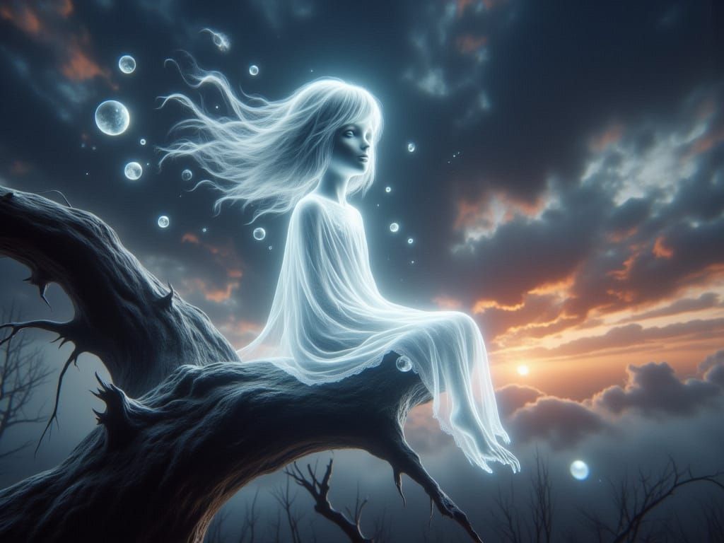 Ethereal Child Figure on Branch at Sunset